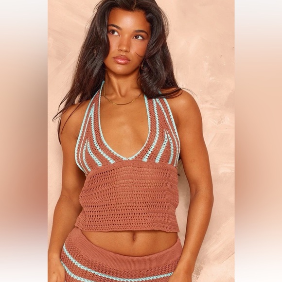 PrettyLittleThing 2-Pc Mocha/Teal Stripe Crochet Knit Maxi Skirt & Halter Top - Picture 6 of 11